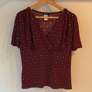 PerSeption Concept Faux Wrap Red Black Patterned Blouse, Size L